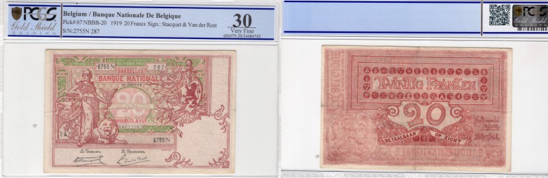 Belgium, 20 Francs, 1919, VF, p67
PCGS 30, serial number: 2755N.387