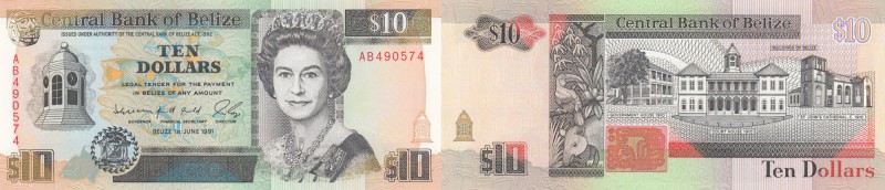 Belize, 10 Dollars, 1991, UNC, p54b
serial numbers: AB 490574, Queen Elizabeth ...