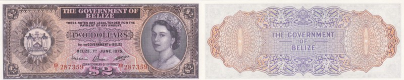 Belize, 2 Dollars, 1975, UNC, p34b
serial number:B/1 287359, Queen Elizabeth II...