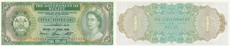 Belize, 1 Dollar, 1975, UNC, p33b
serial number:A/1 425424, Queen Elizabeth II ...
