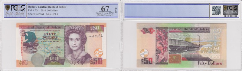 Belize, 50 Dollars, 2010, UNC, P70d 
PCGS 67, High Condition, Queen Elizabeth I...