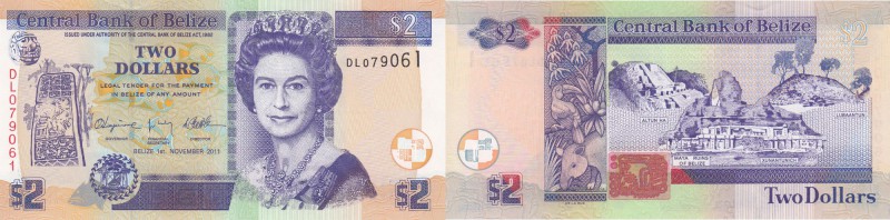 Belize, 2 dollars, 2011, UNC, p66d
Mature Facing Portrait of Queen Elizabeth II...