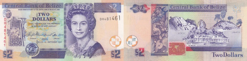 Belize, 2 dollars, 2007, UNC, p66c
Mature Facing Portrait of Queen Elizabeth II...