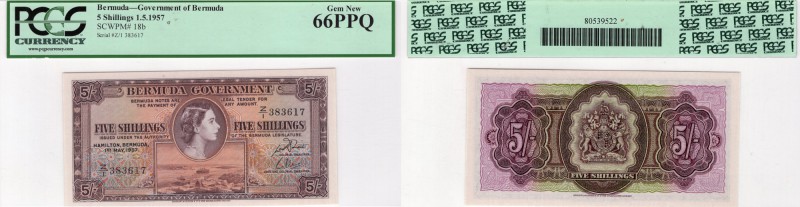 Bermuda, 5 Shillings, 1957, UNC, p18b
Queen Elizabeth II portrait, PCGS 66 PPQ,...
