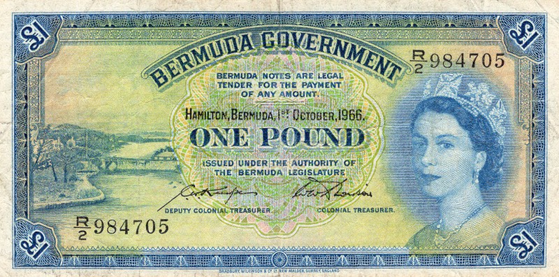 Bermua, 1 Pound, 1966, VF-XF, p20d
Queen Elizabeth II at right, Bridge at left,...