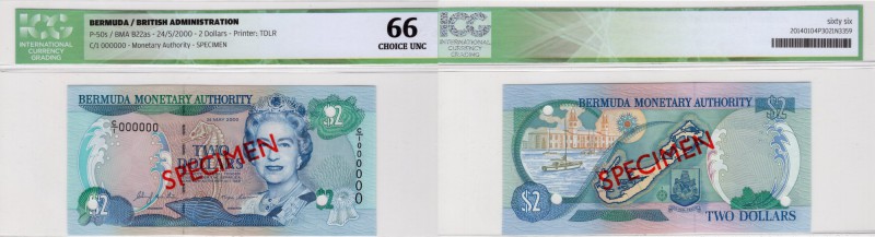 Bermuda, 2 Dollars, 2000, UNC, p50s
"ICG" 66, SPECIMEN, Queen Elizabeth II at r...