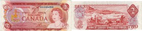 Canada, 2 Dollars, 1974, XF, p86a
Queen Elizabeth II portrait, serial number: AGG 3456590, signs: Lawson / Bouey, break in the upper left corner