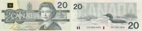 Canada, 20 Dollars, 1991, UNC, p58b
serial number: EVF 6841845, signs: Bonin and Thiessen, Queen Elizabeth II portrait
