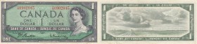 Canada, 1 Dollar, 1954, XF, p75a
Queen Elizabeth II ( with modified hair style ) at right, Signature; Beattie-Coyne, Serial No: 0902045