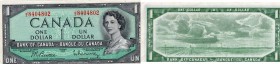 Canada, 1 Dollar, 1954, AUNC, p75b
Queen Elizabeth II ( with modified hair style ) at right, Signature; Beattie-Rasminsky, Serial No: JZ 8404802
