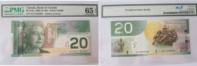 Canada, 20 Dollars, 2008, UNC, p103e
"PMG" Queen Elizabeth II at left, WestCoast native art theme at back, Signature; Jenkins-Dodge, Serial No: AUT 5...
