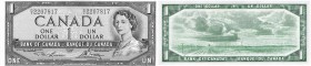 Canada, 1 Dollar, 1954, UNC, p75d
Queen Elizabeth II ( with modified hair style ) at right, Signature; Lawson-Bouey, Serial No: D/I 2207817