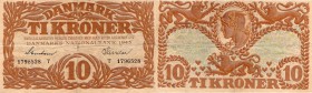 Denmark, 10 Kroner, 1943, VF, p31n
Mercury Head Surrounded by Three Lions at back, First Signature; Svendsen, Serial No: T 1796528