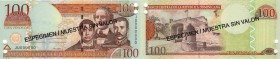 Dominican Republic, 100 Pesos, 2004, SPECIMEN, UNC, p171s4
F.R. Sanches, J.P.Duarte and M.R. Mella at right, SPECIMEN, Serial No: JU 000000