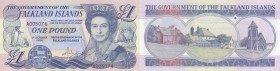 Falkland Islands, 1 Pound, 1984, UNC, p13a
Queen Elizabeth II at right, With Original Wet Signature, Serial No: A005074 (RARE)