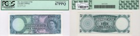 Fiji, 5 Shillings, 1965, UNC, p51e
Queen Elizabeth II Portrait at right, Signature; Ritchie, Griffiths, Cruicshank, Serial No: C/15 30224