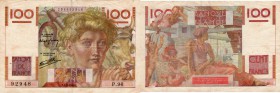 France, 100 Francs, 1946, VF, p128a
Farmer with Two Oxen in front, Man Woman and Children at dockside at back, Serial No: 92948