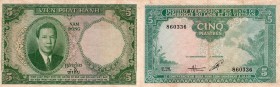 French Indo- China, 5 Piastres- 5 Dong, 1953, XF, p106 
serial number: 860336, Banknotes used in Cambodia, Laos and Vietnam