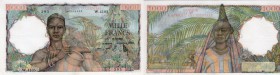 French West Africa, 1000 Francs, 1954, XF-AUNC, p42
Woman holidng 2 Jugs at left, Woman with hihg Headdress at back, Serial No: W.4105 395
