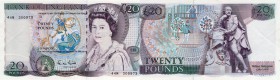 Great Britain, 20 Dollars, 1988, AUNC, p380c
Queen Elizabeth II at right, Willliam Shakespeare at back, Signature; D.H.F. Somerset, Serial No: 44M 30...