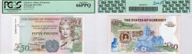 Guernsey, 50 Pounds, 1994, UNC, p59
"PCGS" Queen Elizabeth II at right, Royal Court House at left, Serial No; A 076393
