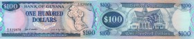 Guyana, 100 Dollars, 1989, UNC, p28
Map of Guyana at right, Cathedral at back, Signature 7, Serial No: A/17 325976