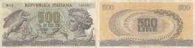 Italy, 500 Lire, 1966, XF, p93a
Eagle and Snake at left, River Fairy Arethusa at right, Serial No: N02 346987
