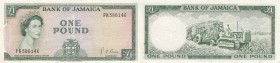 Jamaica, 1 Pound, 1964, AUNC, p51Cd
serial number: FK 386146, sign: G. Arthur Brown, Queen Elizabeth II portrait.