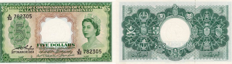 Malaya and British Borneo, 5 Dollars, 1953, UNC, p2a
Queen Elizabeth II at righ...