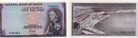 Malta, 5 Pounds, 1968, UNC, p30
Queen Elizabeth II at right, Signature; P.L. Hogg, Serial No: A/12 599263