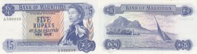 Mauritius, 5 Rupees, 1967, AUNC, p30b
serial number: A/24 520233, signs: Beejadhur and Bunwaree, Queen Elizabeth II portrait