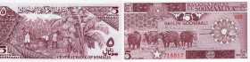 Somalia, 5 Shillings, 1986, UNC, p31b
Cape Buffalo at left, Harvisting Bananas at back, Serial No: 718817