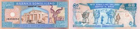 Somaliland, 50 Shillings, 1996, UNC, p7b
Greater Kudu at right, Hargeysa Building at center, With Signature 1, Serial No: AM 498894