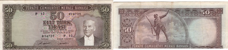 Turkey, 50 Lira, 1971, VF (+), p187a
serial number: P12 014725, Atatürk portrai...