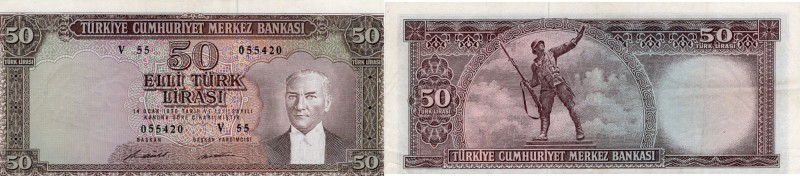 Turkey, 50 Lira, 1971, VF, p187a
serial number: V55 055420, Atatürk portrait.