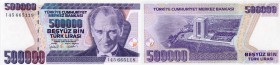 Turkey, 500.000 Lira, 1997, AUNC, p212
serial number: I45 665118, Atatürk portrait.