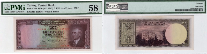 Turkey, 2 1/2 Lira, 1947, AUNC, p140
PMG 58, serial number: B14 203636, İnönü p...