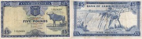 Zambia, 5 Pounds, 1964, VF, p3a
Falls of Zambezi at left, Serial No: C/1 215618