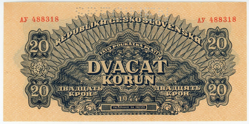 Czechoslovakia 20 Korun 1944 Specimen

P# 47s, N# 229933; # АУ 488318; Perfora...