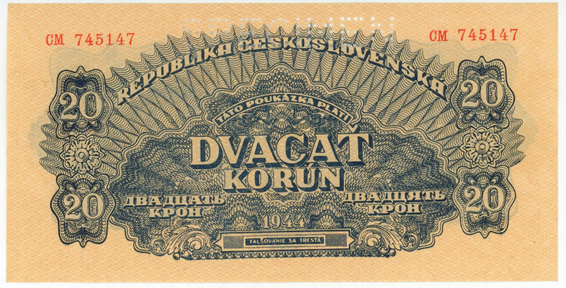 Czechoslovakia 20 Korun 1944 Specimen

P# 47s, N# 229933; # CM 745147; Perfora...