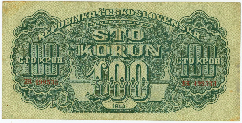 Czechoslovakia 100 Korun 1944

P# 48a, N# 226578; # HK 499533; VF