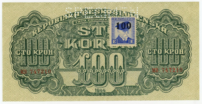 Czechoslovakia 100 Korun 1944 (1945) Specimen

P# 53s, N# 285787; # MB 747210;...