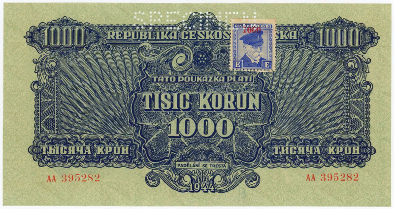 Czechoslovakia 1000 Korun 1944 (1945) Specimen

P# 57s, N# 285790; # AA 395282...