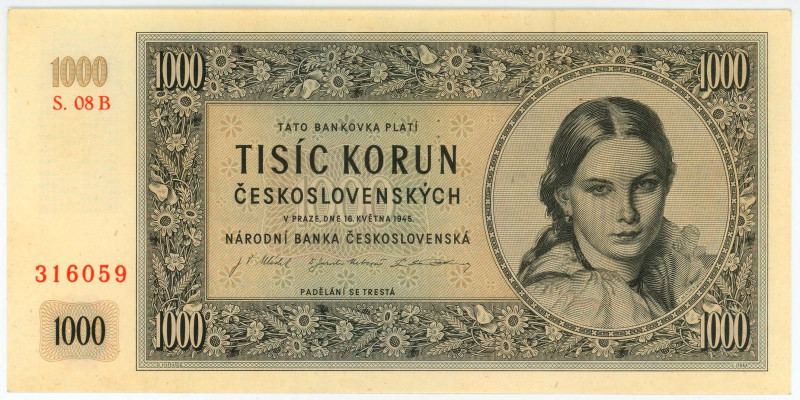 Czechoslovakia 1000 Korun 1945 Specimen

P# 74s, N# 227066; # 08B 316059; Perf...