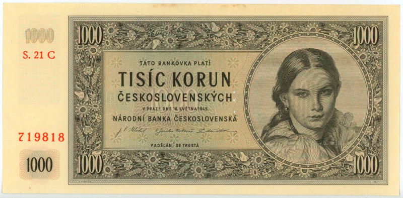 Czechoslovakia 1000 Korun 1945 Specimen

P# 74s, N# 207311; # 21C 719818; Perf...