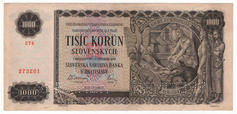 Slovakia 1000 Korun 1940 Specimen

P# 13s, N# 246409; # 2T4 273201; XF