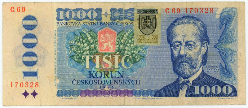 Slovakia 1000 Korun 1985 (1993)

P# 19a, N# 268662; # C69 170328; Adhesive sta...