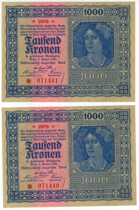 Austria 2 x 1000 Kronen 1922 Consecutive Pair

P# 78, N# 206948; AUNC/UNC-