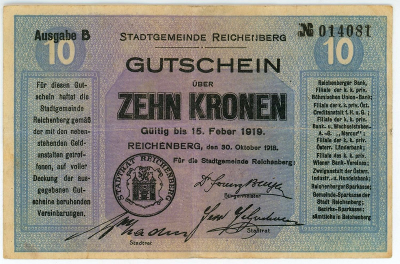 Austria Reichenberg 10 Kronen 1918

N# 277804; VF