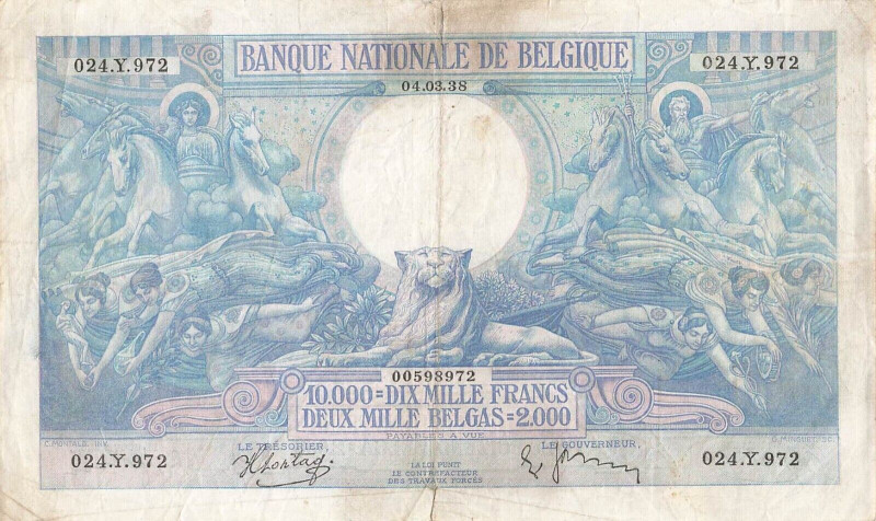 Belgium 10000 Francs / 2000 Belgas 1938

P# 105, N# 254449; # 024.Y.972; F-VF